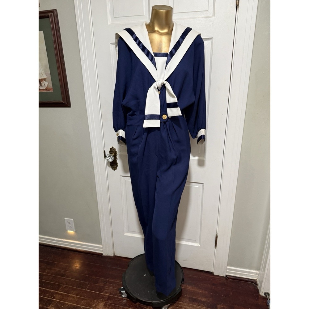 Vintage Womens Jumpsuit One Piece Outfit Navy Blue White Collar Size 5/6